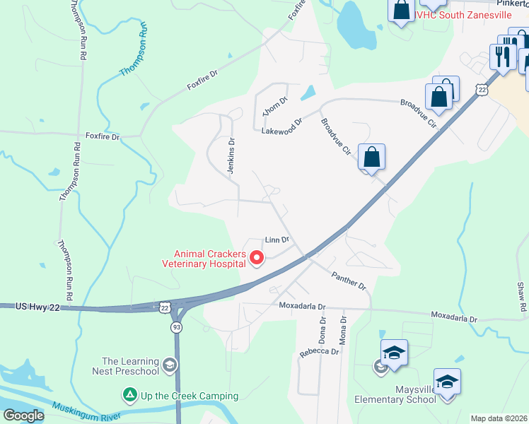 map of restaurants, bars, coffee shops, grocery stores, and more near 3245 Nolan Drive in Zanesville