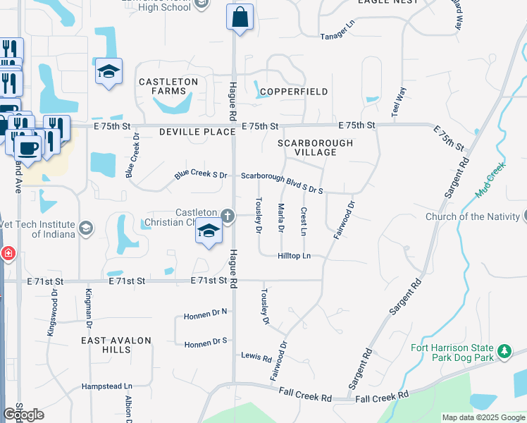 map of restaurants, bars, coffee shops, grocery stores, and more near 7251 Tousley Drive in Indianapolis