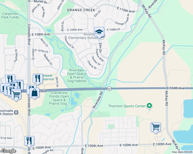 map of restaurants, bars, coffee shops, grocery stores, and more near 10543 Clermont Way in Thornton
