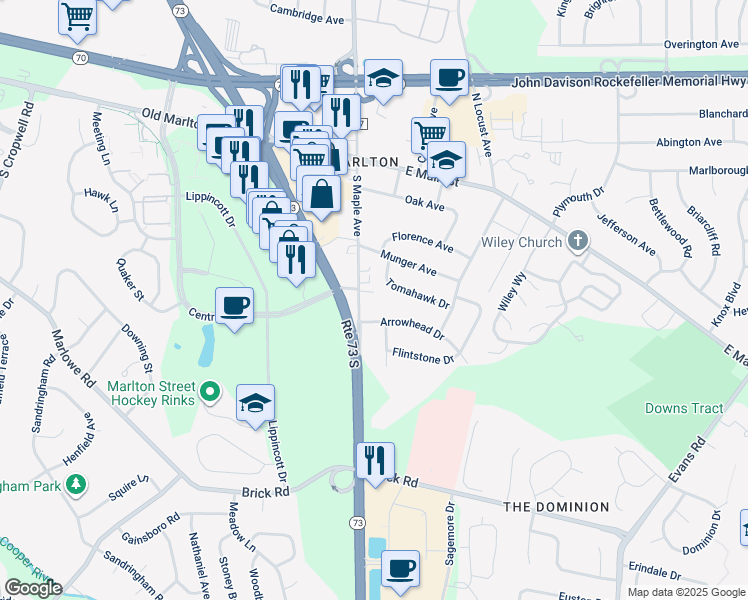 map of restaurants, bars, coffee shops, grocery stores, and more near 61 South Maple Avenue in Marlton