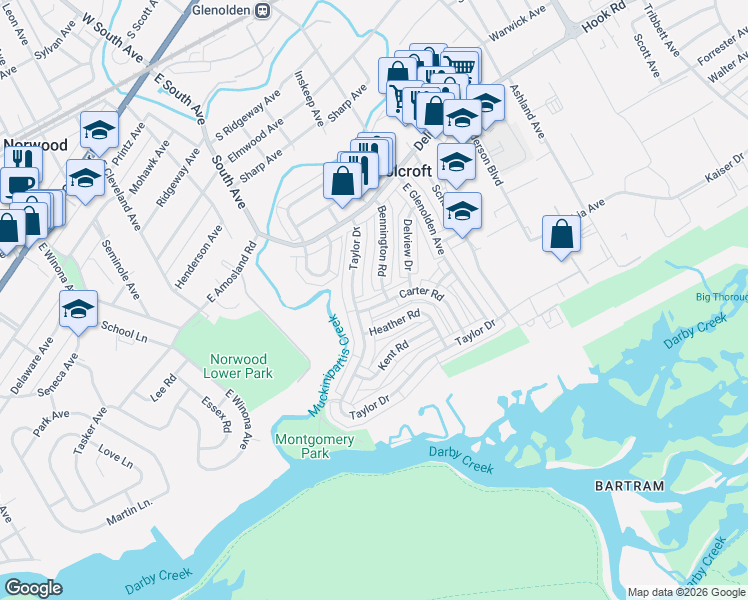 map of restaurants, bars, coffee shops, grocery stores, and more near 2010 Carter Road in Folcroft