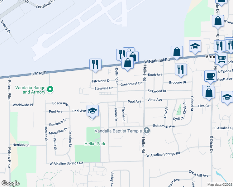 map of restaurants, bars, coffee shops, grocery stores, and more near 818 Continental Court in Vandalia