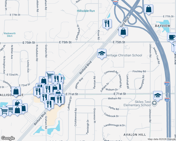 map of restaurants, bars, coffee shops, grocery stores, and more near 7264 Wynter Way in Indianapolis