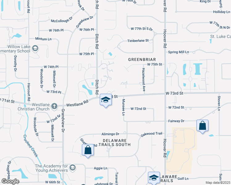 map of restaurants, bars, coffee shops, grocery stores, and more near 1230 West 73rd Street in Indianapolis