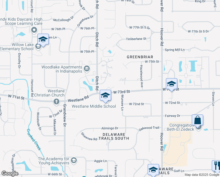 map of restaurants, bars, coffee shops, grocery stores, and more near 1232 West 73rd Street in Indianapolis