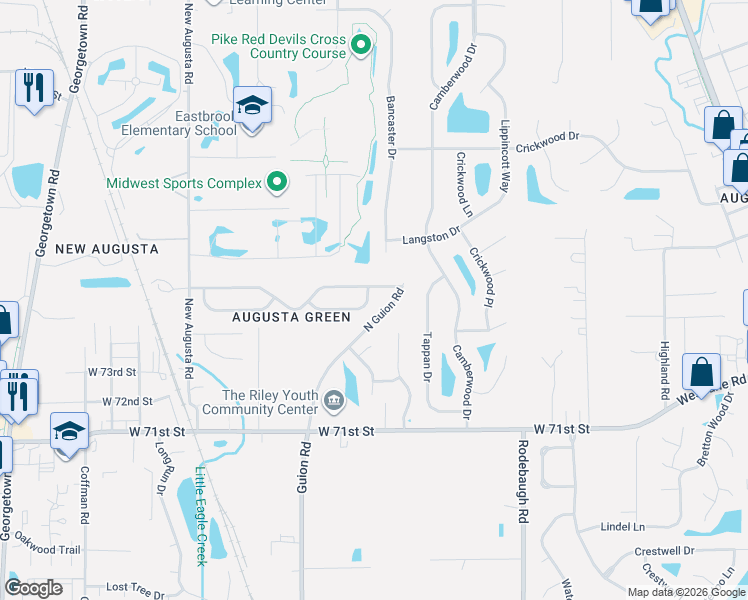 map of restaurants, bars, coffee shops, grocery stores, and more near 4016 Caddy Way in Indianapolis