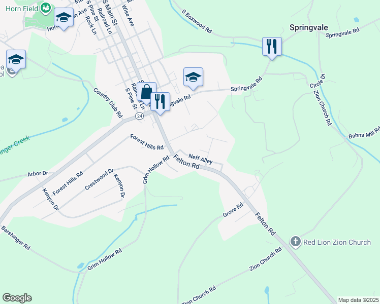 map of restaurants, bars, coffee shops, grocery stores, and more near 920 Neff Alley in Red Lion