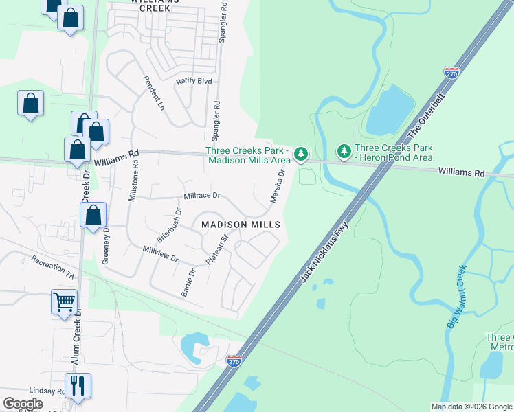 map of restaurants, bars, coffee shops, grocery stores, and more near 3977 Wintercress Court in Columbus