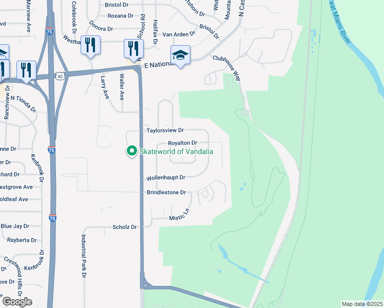 map of restaurants, bars, coffee shops, grocery stores, and more near 1116 Robinette Avenue in Vandalia