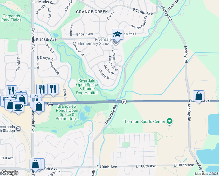 map of restaurants, bars, coffee shops, grocery stores, and more near 10543 Clermont Way in Thornton