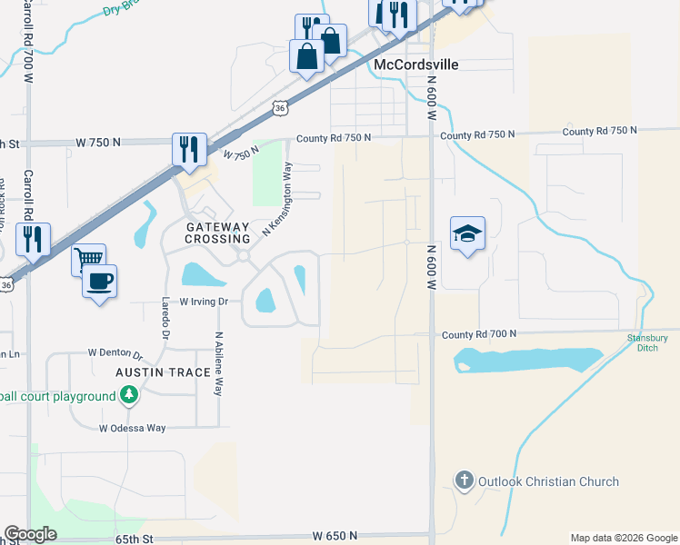 map of restaurants, bars, coffee shops, grocery stores, and more near 7151 North Stubbington Lane in McCordsville