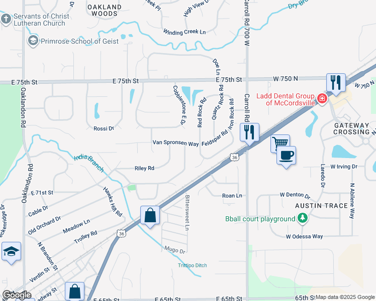 map of restaurants, bars, coffee shops, grocery stores, and more near 7231 North Orchard Drive in Indianapolis