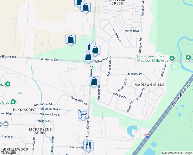 map of restaurants, bars, coffee shops, grocery stores, and more near 3927 Aires Brook Drive in Columbus