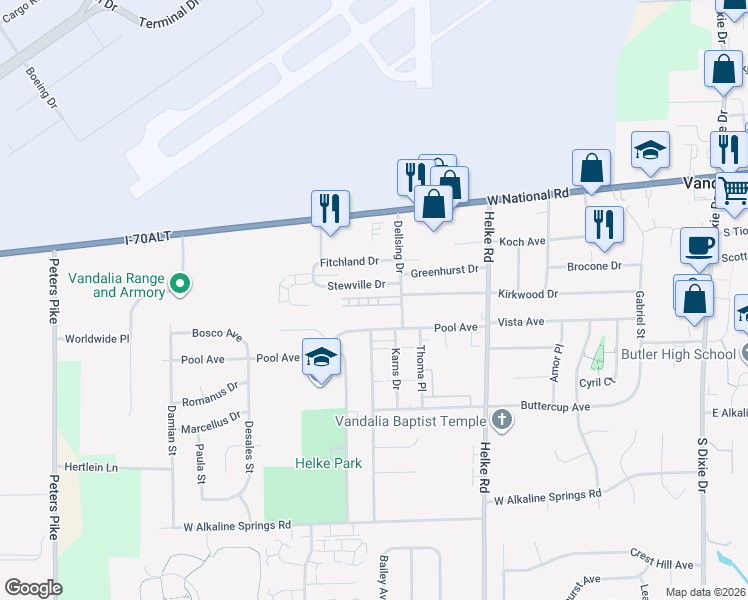 map of restaurants, bars, coffee shops, grocery stores, and more near 818 Continental Court in Vandalia
