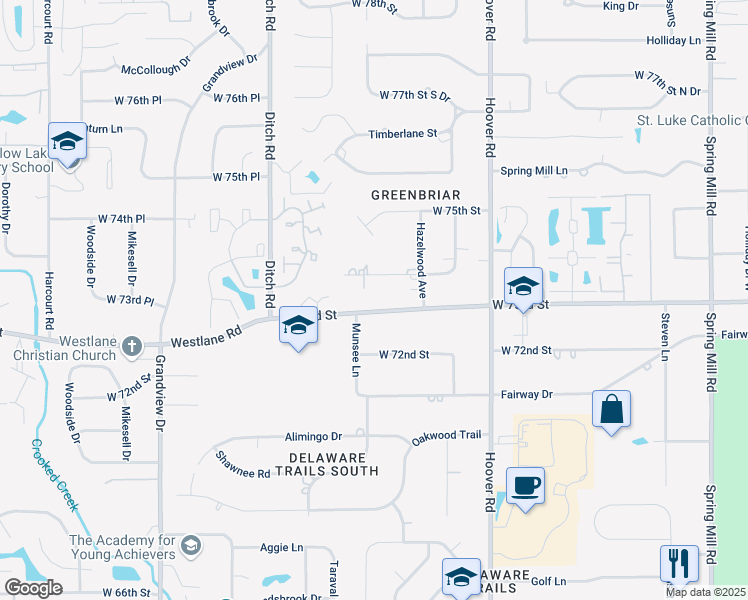map of restaurants, bars, coffee shops, grocery stores, and more near 1128 West 73rd Street in Indianapolis