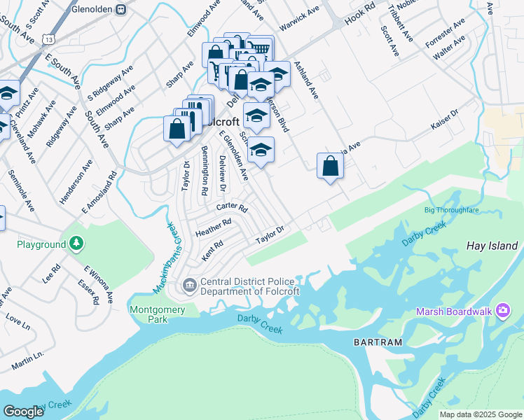 map of restaurants, bars, coffee shops, grocery stores, and more near 964 Grant Road in Folcroft