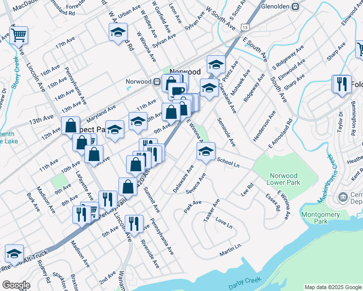 map of restaurants, bars, coffee shops, grocery stores, and more near 537 Mohawk Avenue in Norwood