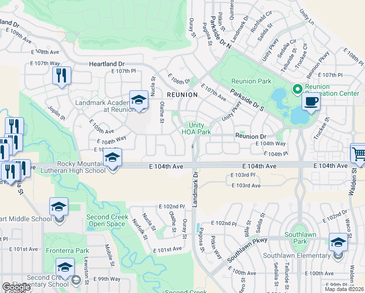 map of restaurants, bars, coffee shops, grocery stores, and more near 10447 Ouray Street in Commerce City