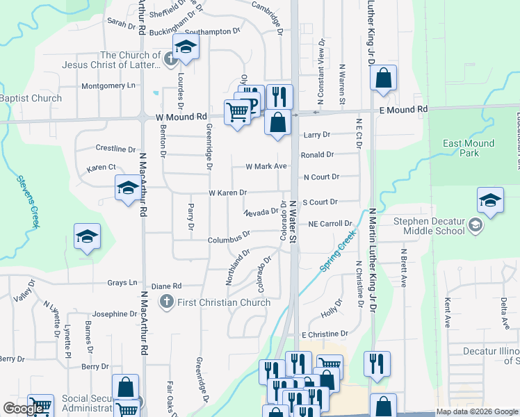 map of restaurants, bars, coffee shops, grocery stores, and more near 128 Nevada Drive in Decatur