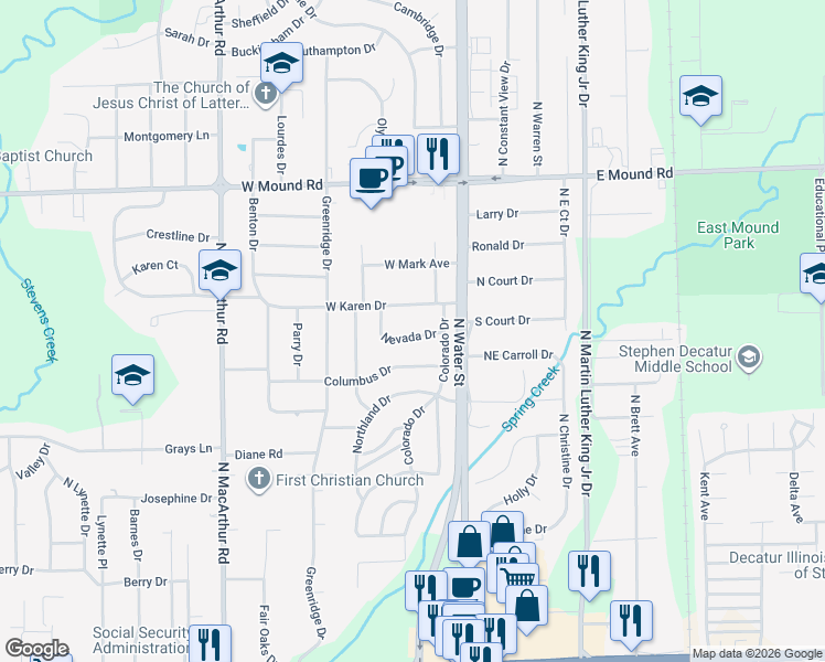 map of restaurants, bars, coffee shops, grocery stores, and more near 128-138 Nevada Drive in Decatur