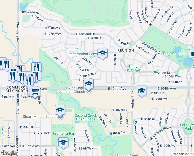 map of restaurants, bars, coffee shops, grocery stores, and more near 16381 East 104th Place in Commerce City