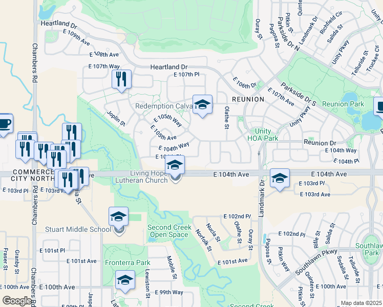 map of restaurants, bars, coffee shops, grocery stores, and more near 16381 East 104th Place in Commerce City