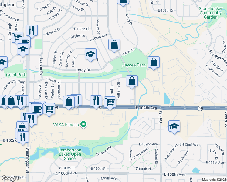 map of restaurants, bars, coffee shops, grocery stores, and more near 10470 Gilpin Street in Northglenn