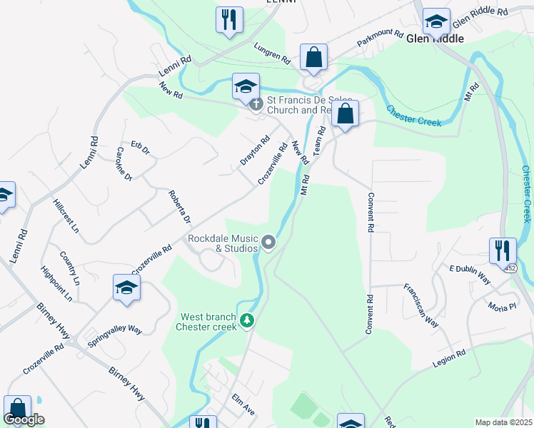 map of restaurants, bars, coffee shops, grocery stores, and more near 324 Crozerville Road in Aston