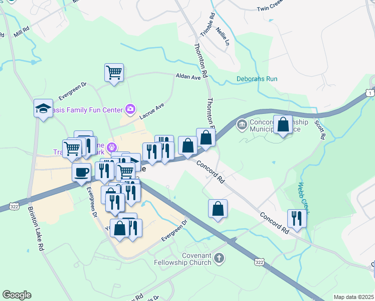 map of restaurants, bars, coffee shops, grocery stores, and more near 747 Baltimore Pike in Glen Mills