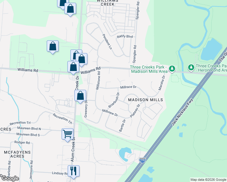 map of restaurants, bars, coffee shops, grocery stores, and more near 3973 Briarbush Drive in Columbus
