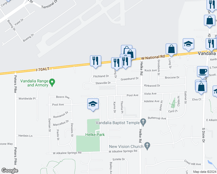 map of restaurants, bars, coffee shops, grocery stores, and more near 818 Continental Court in Vandalia