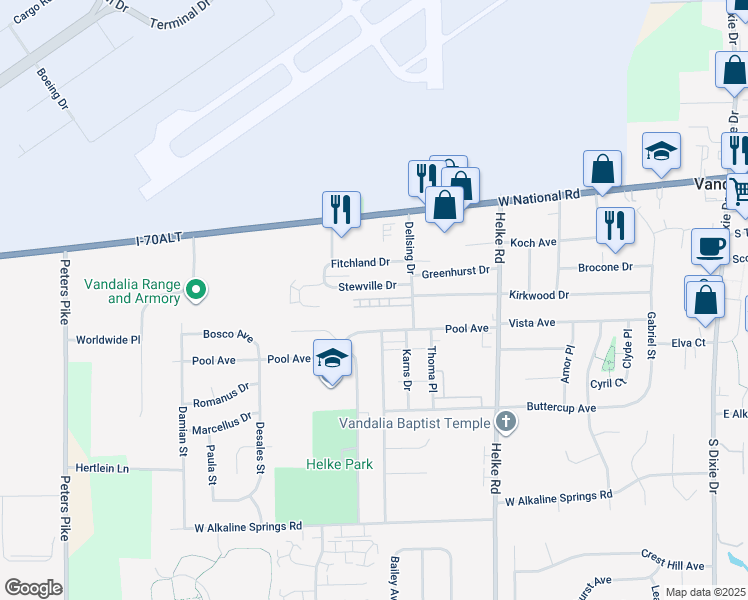map of restaurants, bars, coffee shops, grocery stores, and more near 870 Continental Court in Vandalia