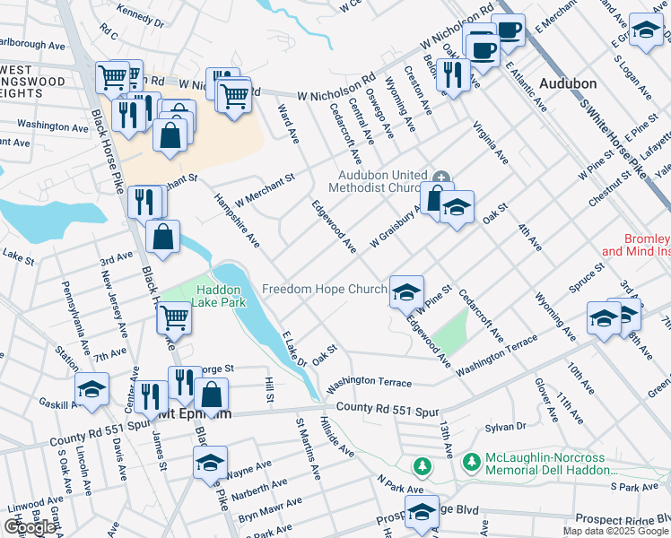 map of restaurants, bars, coffee shops, grocery stores, and more near 525 West Graisbury Avenue in Audubon