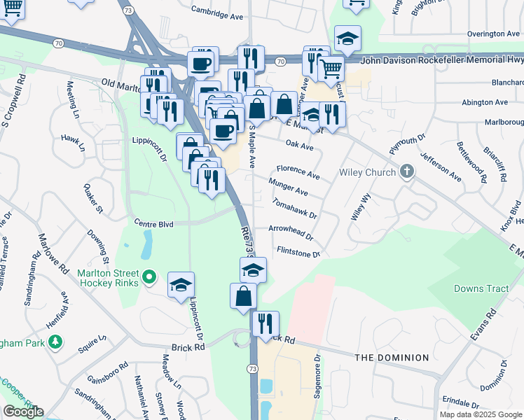 map of restaurants, bars, coffee shops, grocery stores, and more near 61 South Maple Avenue in Marlton