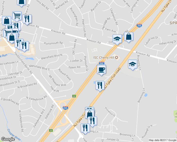 map of restaurants, bars, coffee shops, grocery stores, and more near 36 Plymouth Drive in Cherry Hill