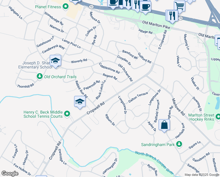 map of restaurants, bars, coffee shops, grocery stores, and more near 6 Jordan Court in Cherry Hill
