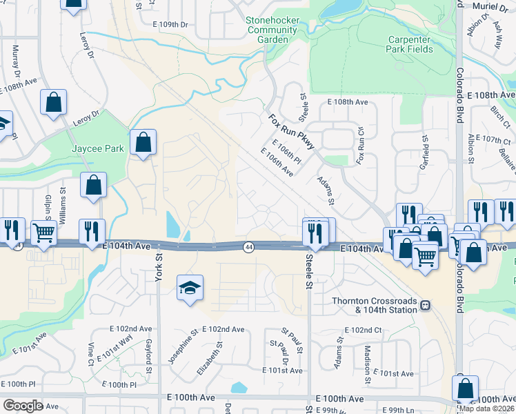 map of restaurants, bars, coffee shops, grocery stores, and more near 2525 East 104th Avenue in Thornton
