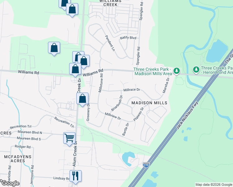 map of restaurants, bars, coffee shops, grocery stores, and more near 3973 Briarbush Drive in Columbus