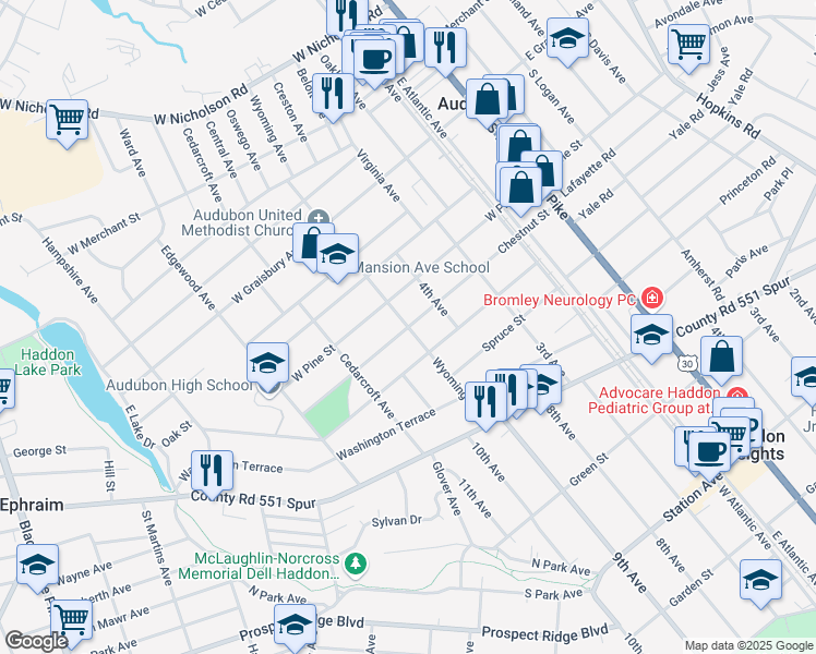 map of restaurants, bars, coffee shops, grocery stores, and more near Wyoming Avenue & Chestnut Street in Audubon