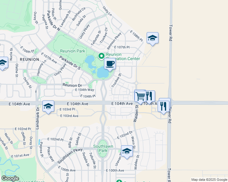 map of restaurants, bars, coffee shops, grocery stores, and more near 10436 Truckee Street in Commerce City