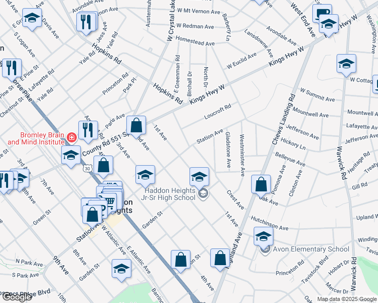 map of restaurants, bars, coffee shops, grocery stores, and more near 16 Station Avenue in Haddon Heights