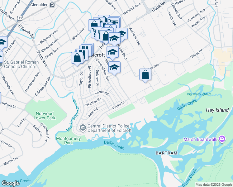 map of restaurants, bars, coffee shops, grocery stores, and more near 983 Grant Road in Folcroft