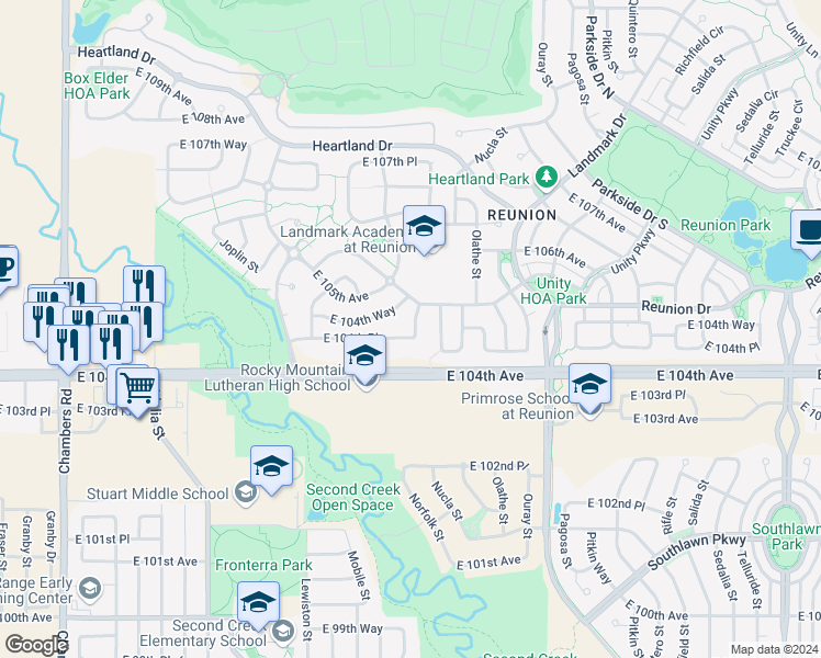 map of restaurants, bars, coffee shops, grocery stores, and more near 16381 East 104th Place in Commerce City