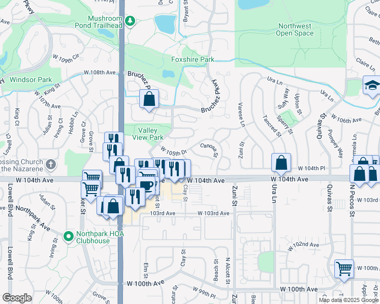map of restaurants, bars, coffee shops, grocery stores, and more near 10476 Dale Circle in Westminster