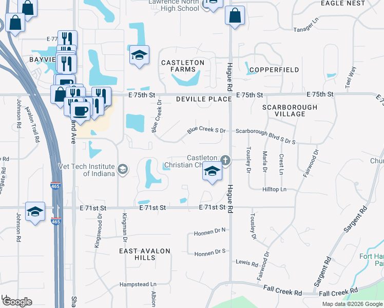 map of restaurants, bars, coffee shops, grocery stores, and more near 7502 Redcliff Road in Indianapolis
