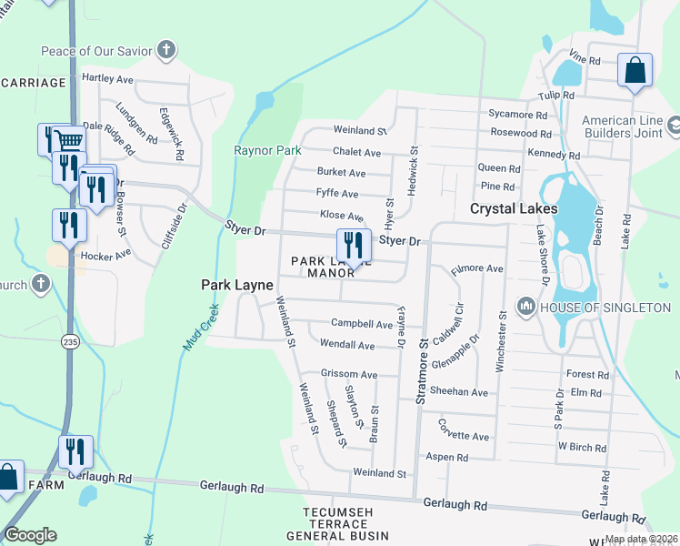 map of restaurants, bars, coffee shops, grocery stores, and more near 1200 Bookwalter Avenue in New Carlisle