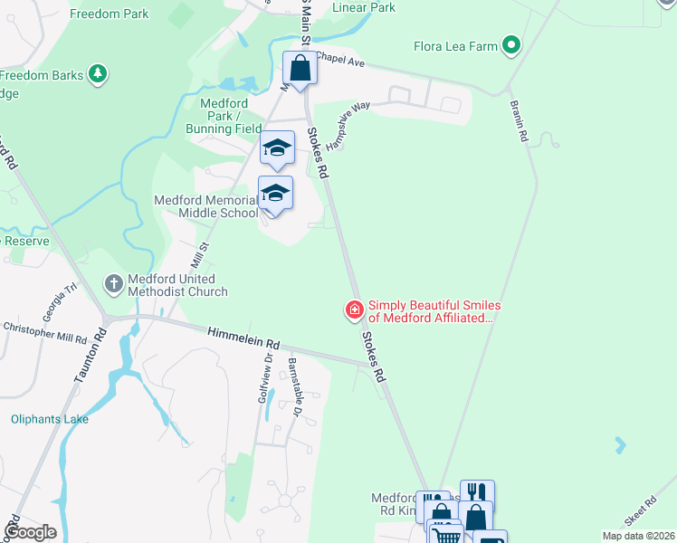 map of restaurants, bars, coffee shops, grocery stores, and more near 326 Stokes Road in Medford