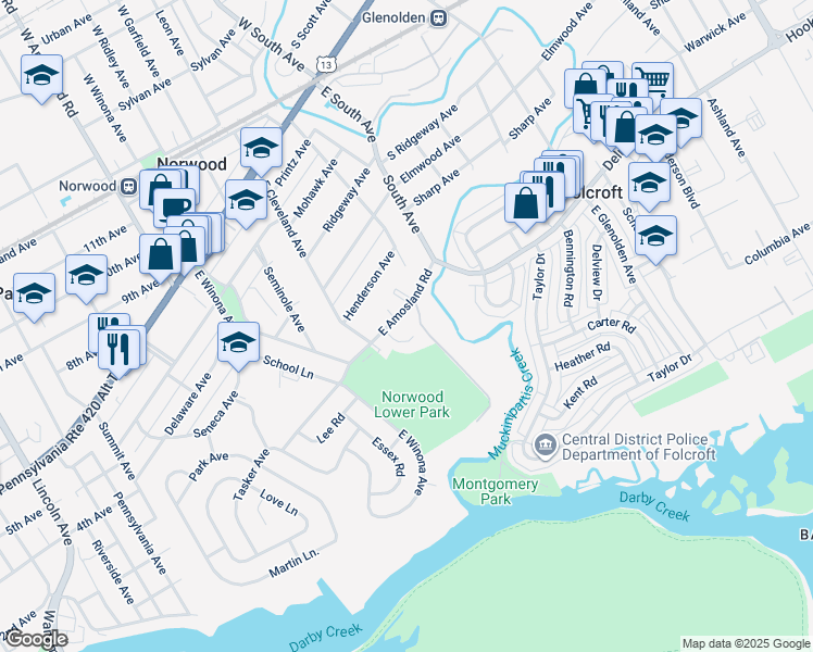 map of restaurants, bars, coffee shops, grocery stores, and more near 13 Walle Street in Norwood