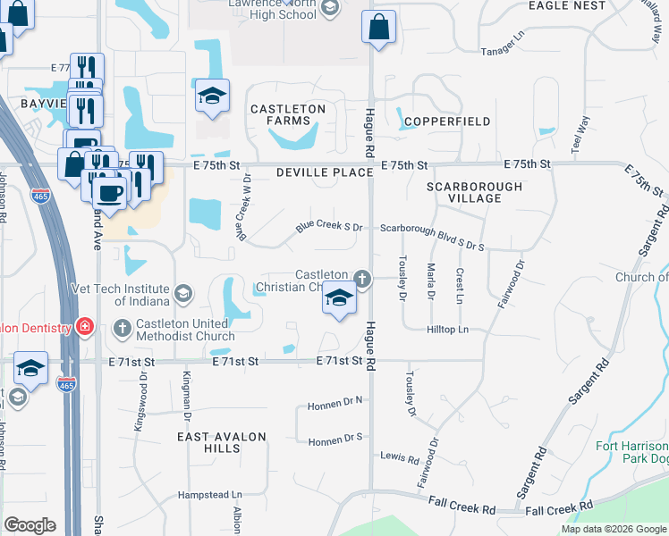map of restaurants, bars, coffee shops, grocery stores, and more near 7525 Redcliff Road in Indianapolis