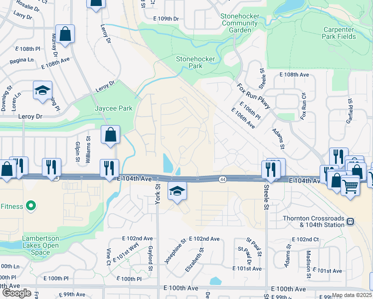 map of restaurants, bars, coffee shops, grocery stores, and more near Sunny Acres in Thornton
